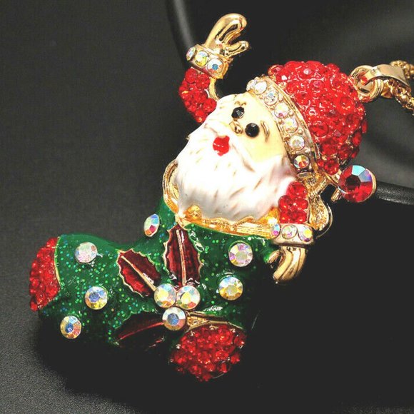 Jolly SANTA CLAUS Stocking Rhinestone Necklace - Picture 9 of 11